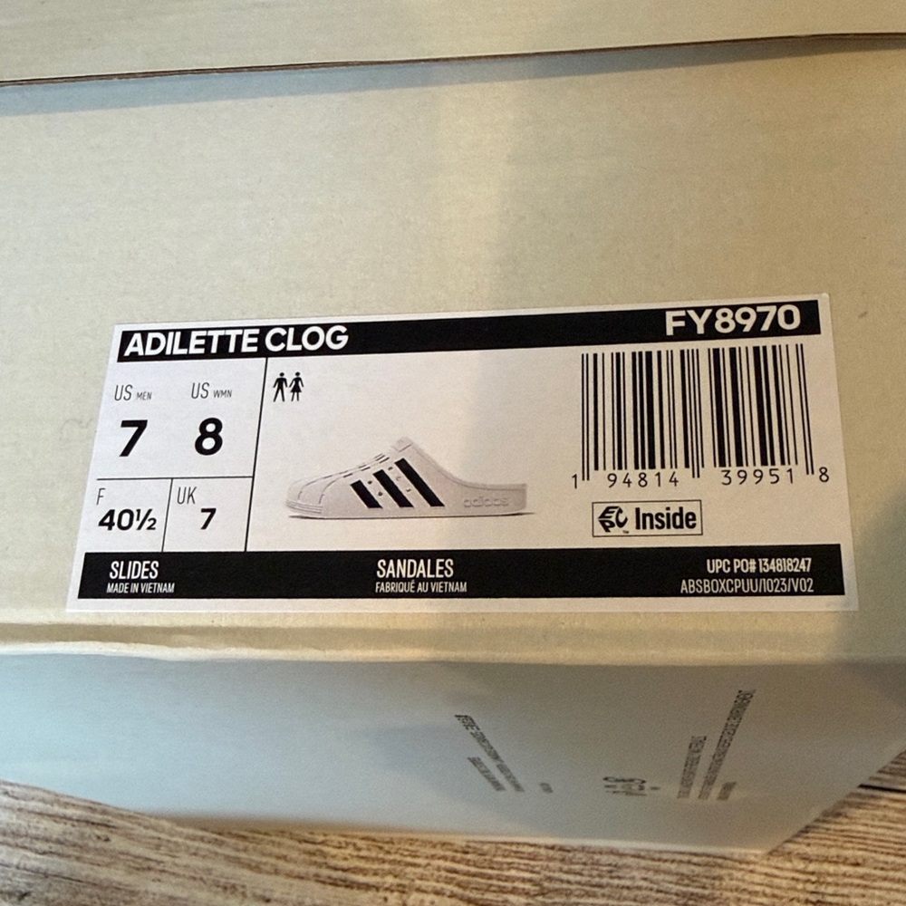 Adidas ADILETTE White Black Clogs Slides Sandals Shoes Size 7 Men 8 Women EUC - Picture 15 of 15